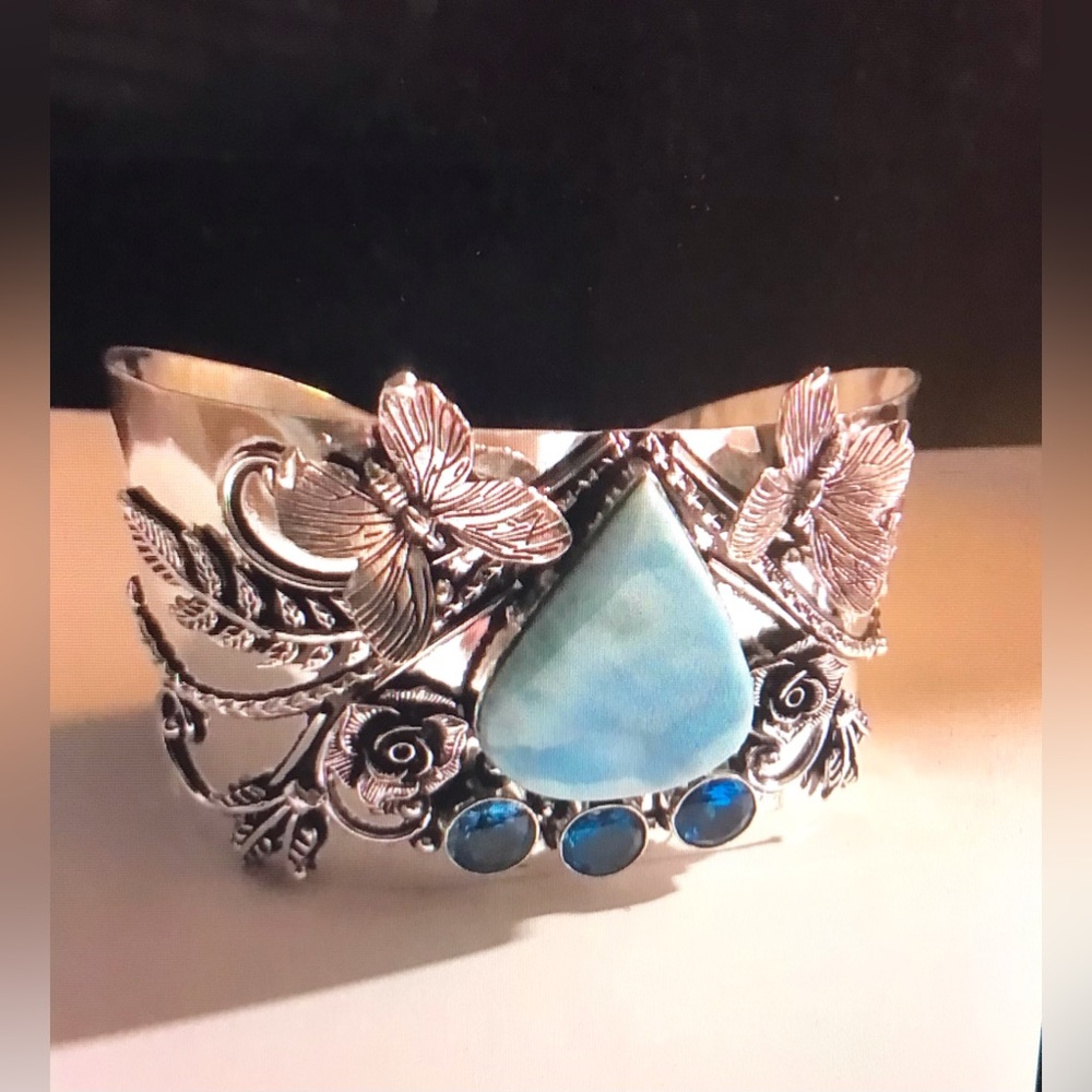 Larimar Blue Topaz Stamped Solid 925 Sterling Silver Cuff Bracelet